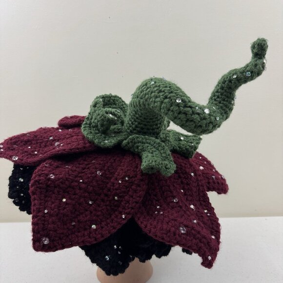 Handmade Crochet Flower Hat Green Stem & Red & Black Petals Fairy Hat Costume